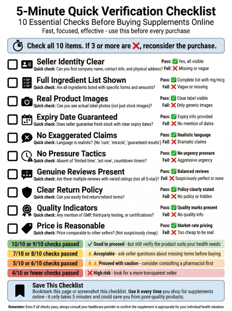 5-Minute Quick Verification Checklist — 10 essential checks before buying supplements online, covering seller identity, ingredient list, product images, expiry dates, claims language, pressure tactics, reviews, return policy, quality indicators, and price